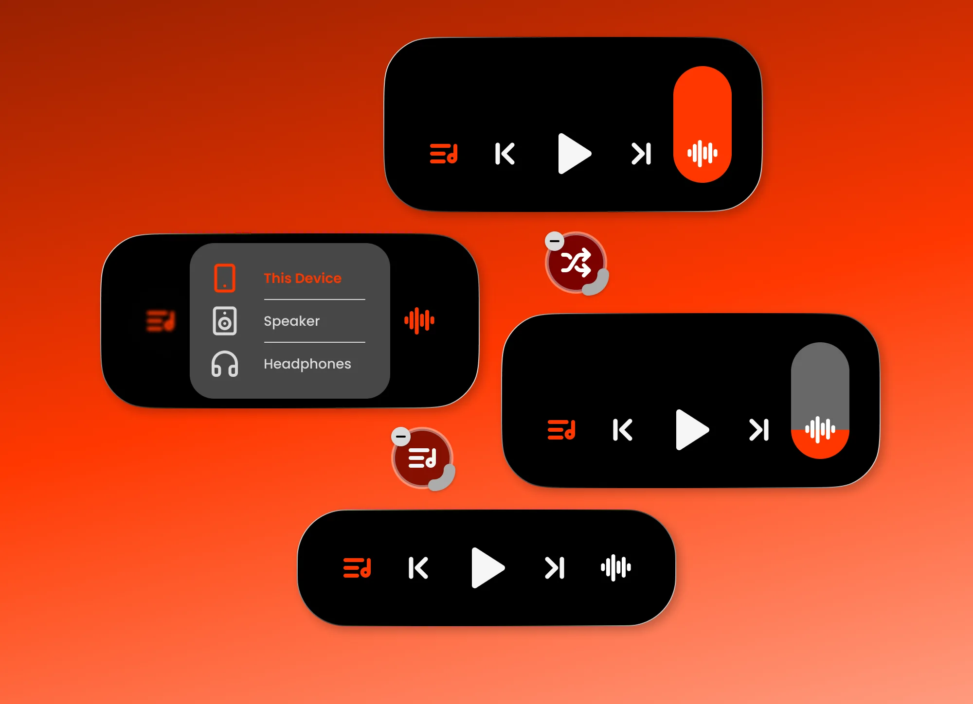 The Amp button in four states: volume, device switching, shuffle and customise