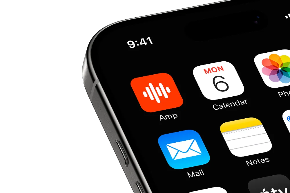 The Amp app icon, a white soundwave on orange, on an iPhone home screen