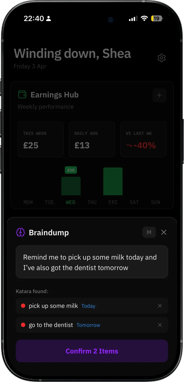 Brain Dump AI results: Katara has turned a spoken note into two tasks with dates