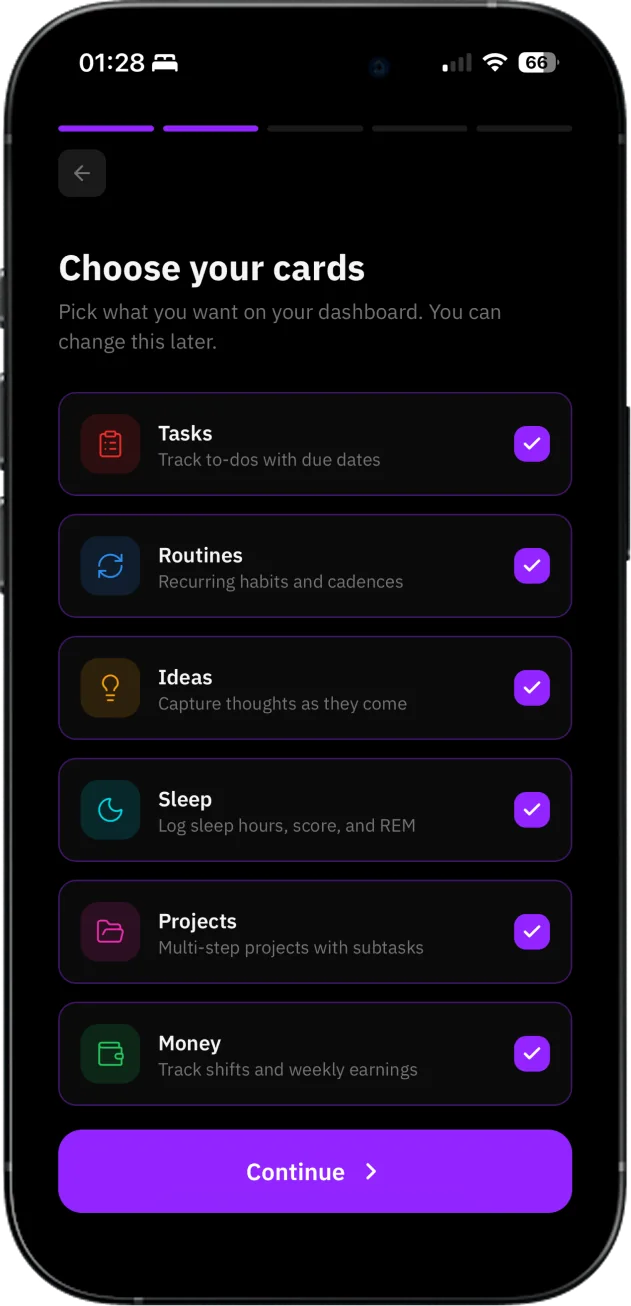 Brain Dump card selection: Tasks, Routines, Ideas, Sleep, Projects and Money