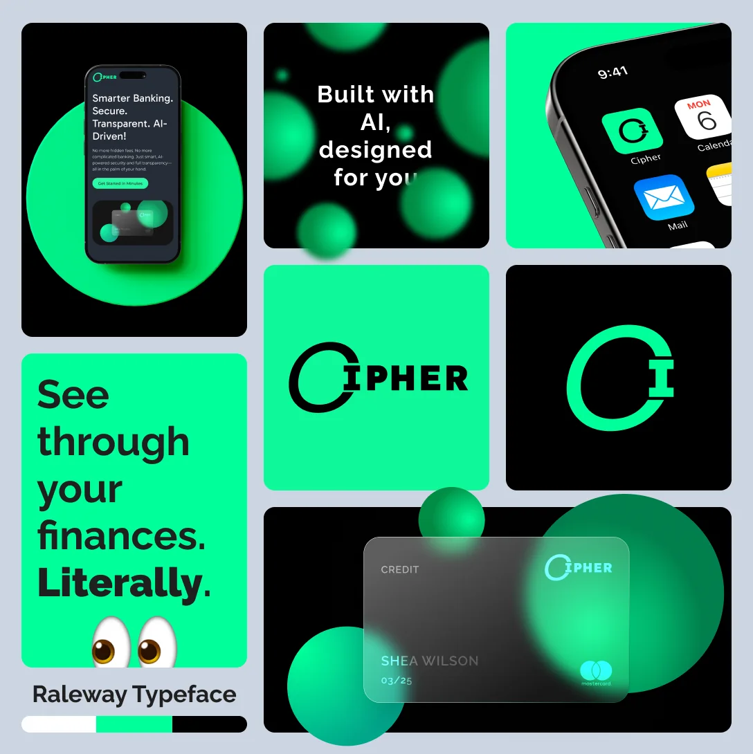 Cipher brand collage: the logo, Raleway type, the glass card and the green palette