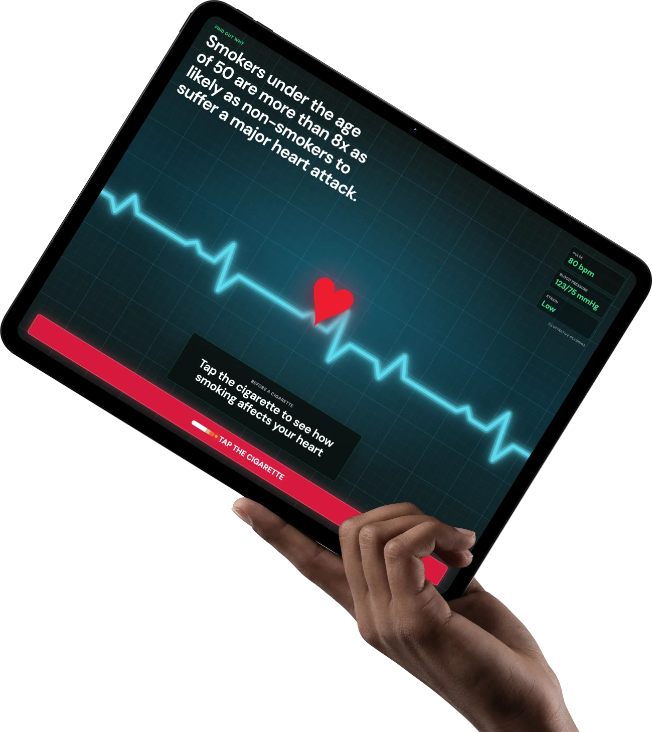 Heart Health on an iPad held in one hand, the heart monitor running