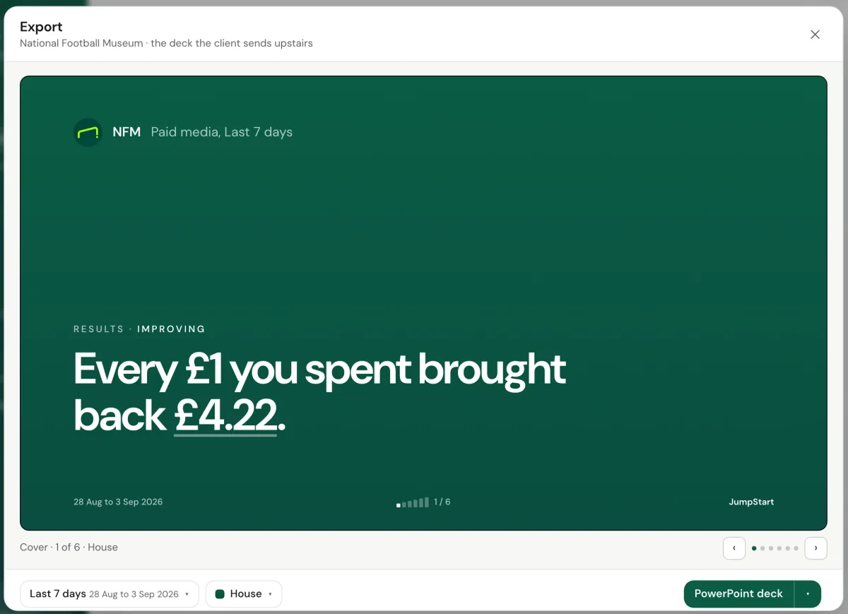 JumpStart export dialog with a slide preview and a PowerPoint deck button
