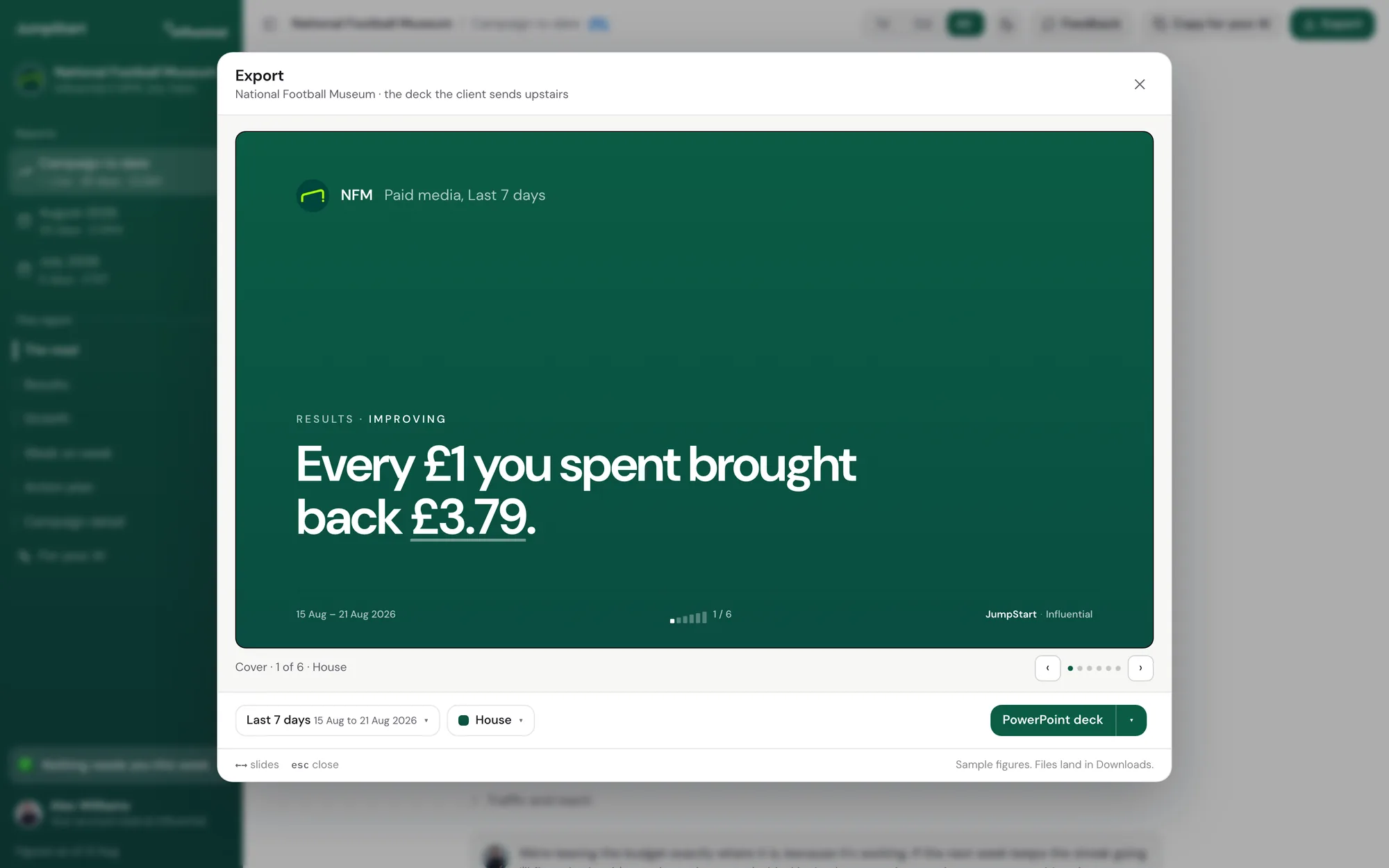 The export dialog: a slide preview, the date range, the House style and a PowerPoint deck button