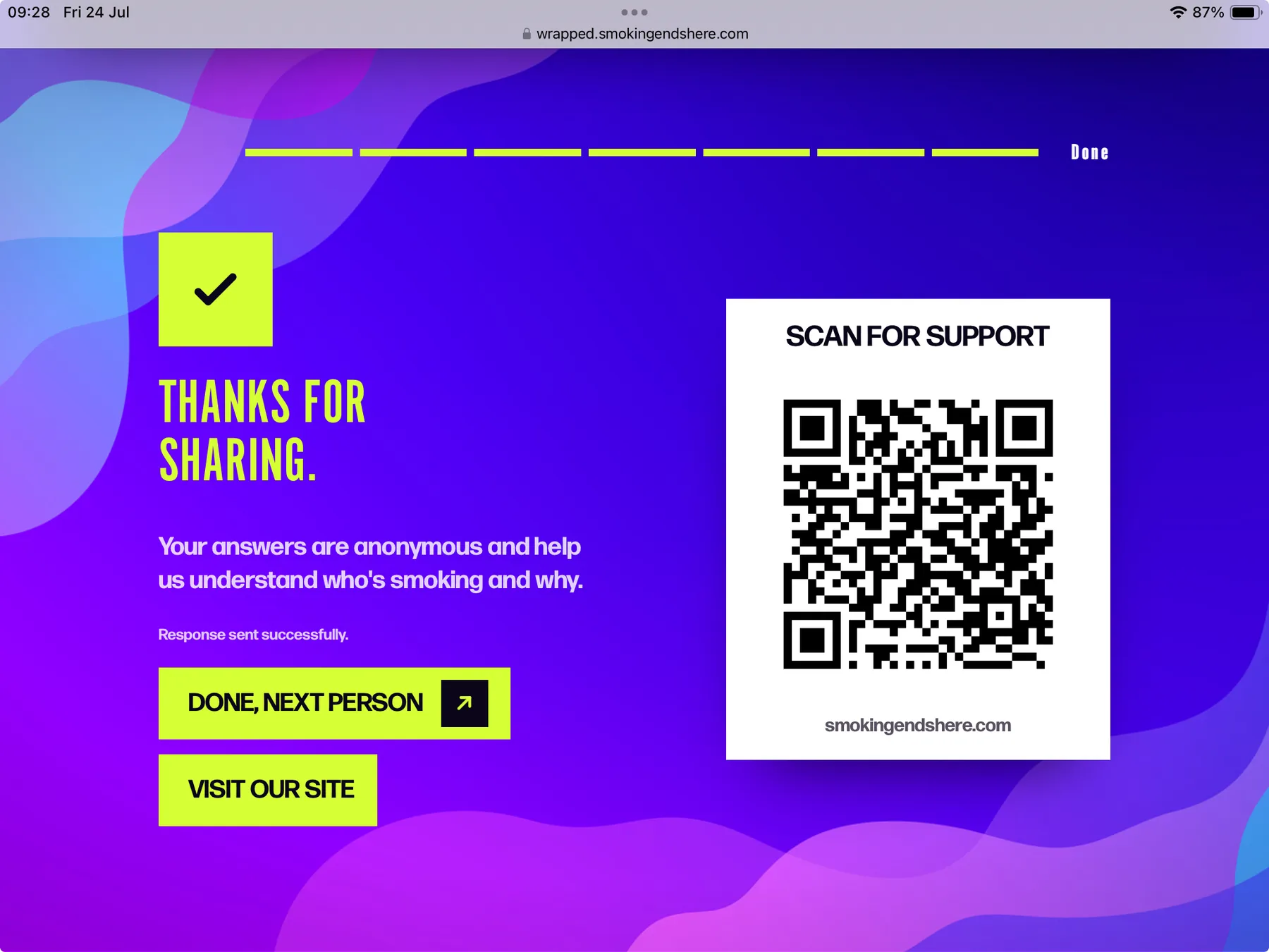 A screenshot from a campaign iPad on 24 July: Thanks for sharing, a Done, next person button and a Scan for support QR code