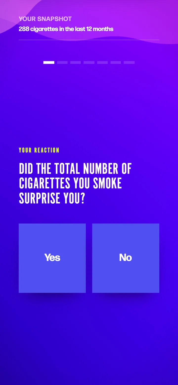 The live question screen: Did the total number of cigarettes you smoke surprise you? Yes or No