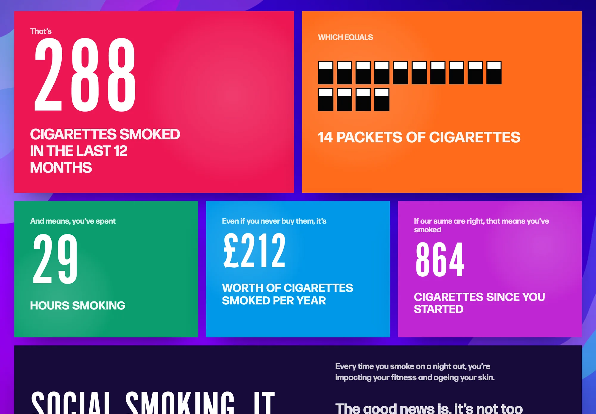 The Snapshot on an iPad: 288 cigarettes smoked in the last 12 months, 14 packets, 29 hours and £212